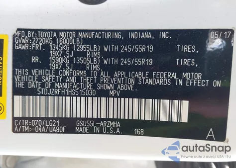 2017 Toyota Highlander Se из США, поврежденный, VIN 5TDJZRFH1HS515030